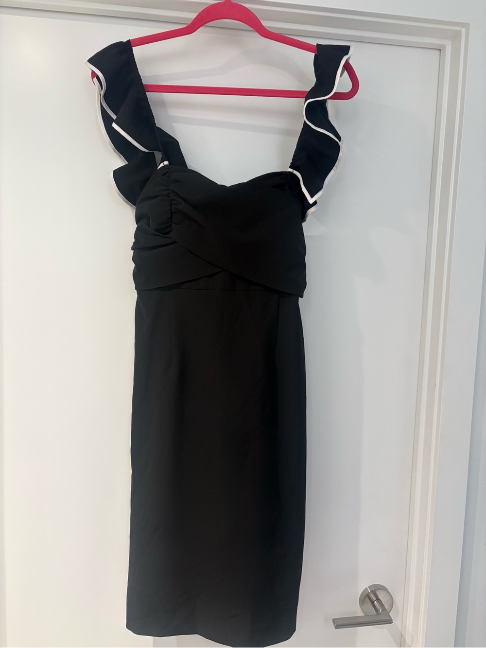 Club Monaco Black Midi Dress with White-Trim Ruffle Straps